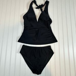 Cupshe Women 2 Piece Swimsuit Black Halter Tankini Ruched Tummy Control Small